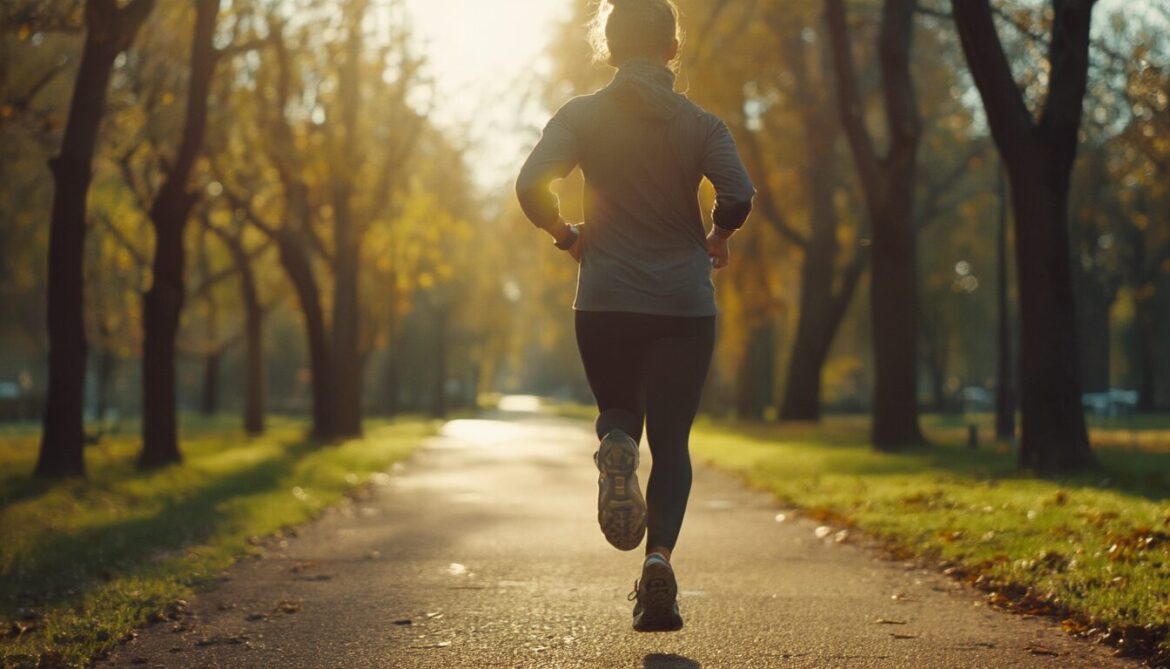 Person geht zügig auf einem sonnigen Parkweg und trägt einen Fitness-Tracker am Handgelenk