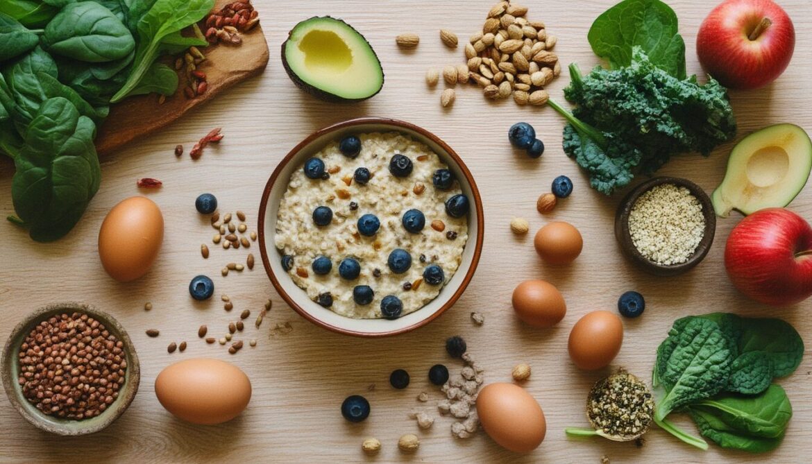 Energiereiche Lebensmittel von oben: Haferflocken mit Blaubeeren, Spinat, Avocado, Nüsse, Linsen, Eier, Quinoa, Grünkohl und Apfel