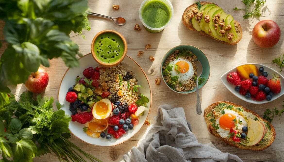 Fünf gesunde Frühstücksideen auf einem Holztisch: Smoothie, Haferflocken-Quark-Schüssel, Avocado-Toast, Quinoa-Bowl und Gemüse-Omelett