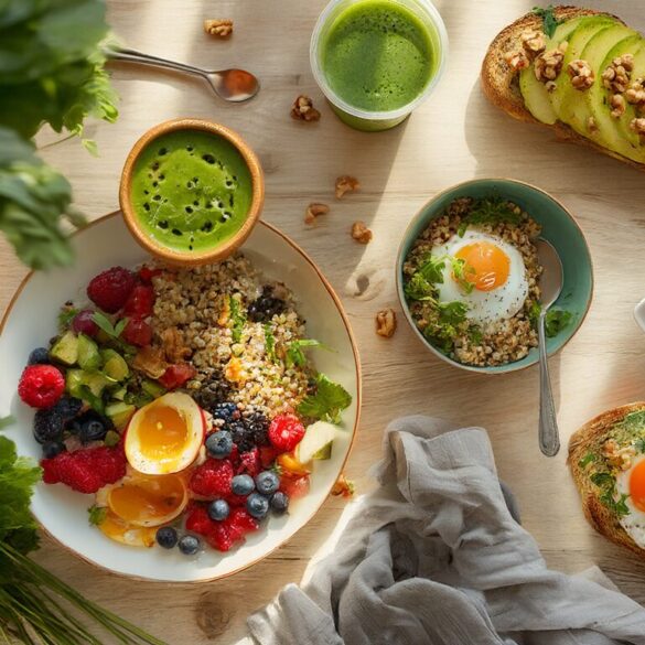 5 schnelle und gesunde Frühstücksideen – in 10 Minuten fertig Fünf gesunde Frühstücksideen auf einem Holztisch: Smoothie, Haferflocken-Quark-Schüssel, Avocado-Toast, Quinoa-Bowl und Gemüse-Omelett