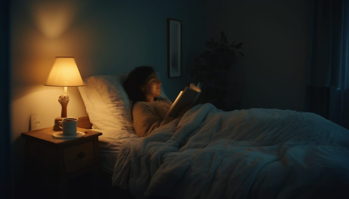 Gedimmte Nachttischlampe und ein Buch im abendlichen Schlafzimmer als Teil einer entspannten Abendroutine