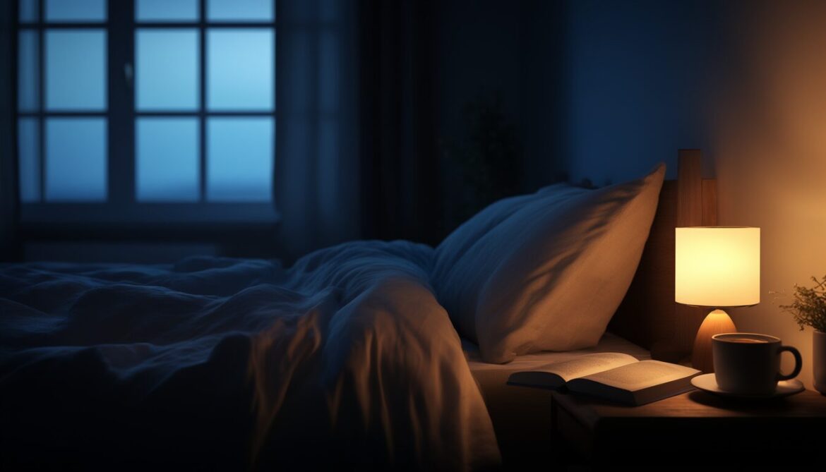 Ruhiges, gedimmt beleuchtetes Schlafzimmer am Abend mit Nachttischlampe, Buch und Kräutertee als Teil einer entspannten Abendroutine