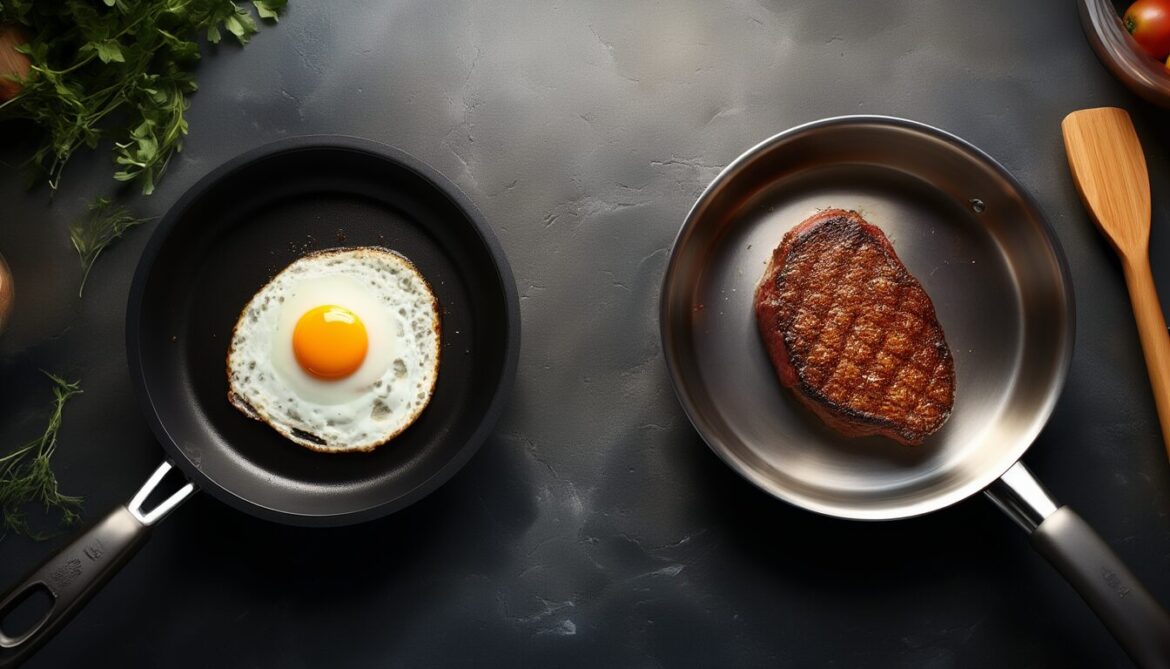 Antihaftpfanne mit Spiegelei neben Edelstahlpfanne mit angebratenem Steak auf dunkler Arbeitsplatte