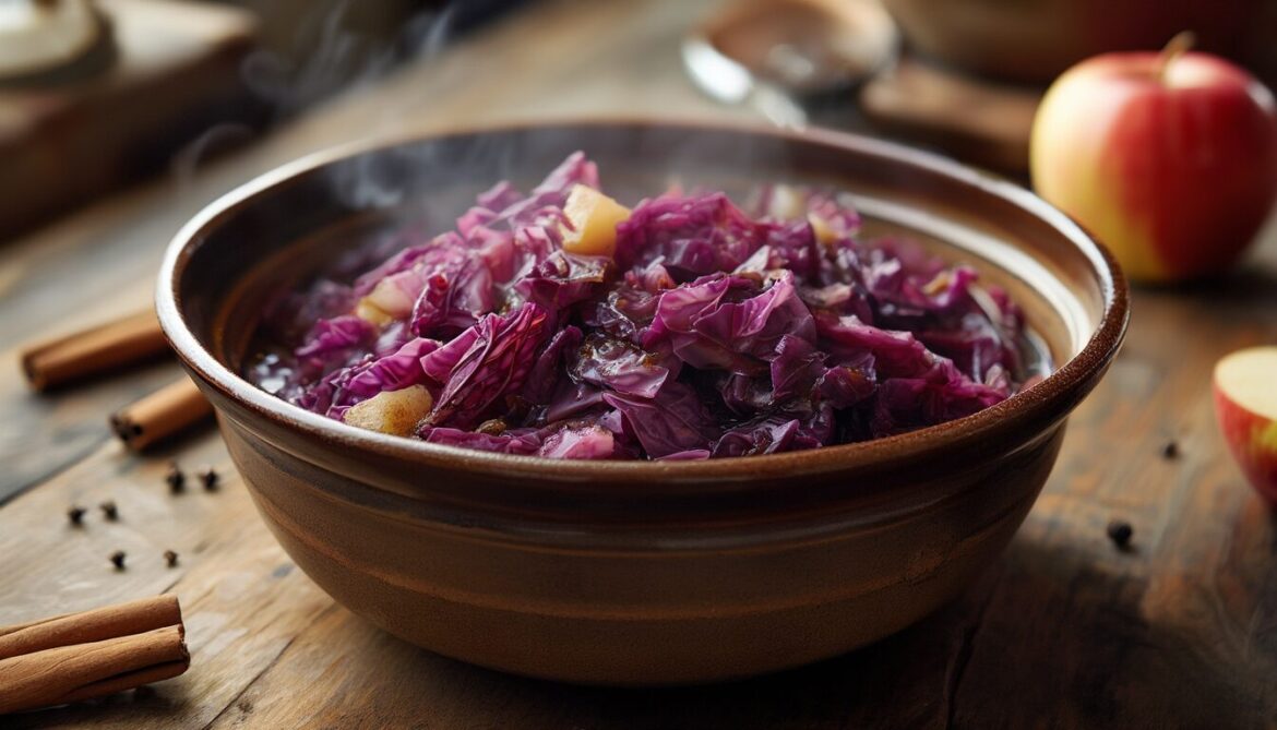 Schüssel mit selbst gemachtem Apfelrotkohl mit Apfelstücken, Zimtstange und Nelken auf Holztisch