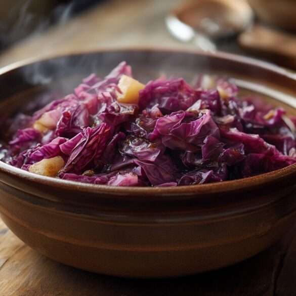 Apfelrotkohl selber machen: das klassische süß-saure Rezept Schüssel mit selbst gemachtem Apfelrotkohl mit Apfelstücken, Zimtstange und Nelken auf Holztisch