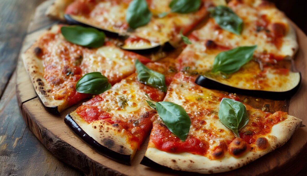 Gebackene Auberginen-Pizza-Scheiben mit geschmolzenem Mozzarella, Tomatensauce und frischem Basilikum auf einem Holzbrett