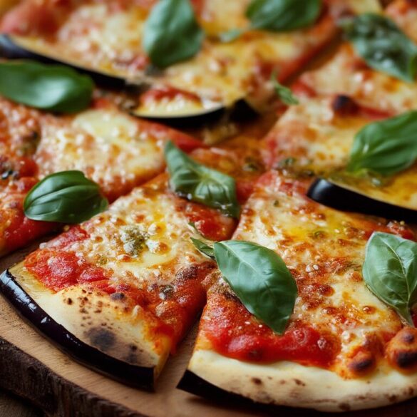 Auberginen Pizza: knuspriger Boden ohne Teig (Low Carb) Gebackene Auberginen-Pizza-Scheiben mit geschmolzenem Mozzarella, Tomatensauce und frischem Basilikum auf einem Holzbrett