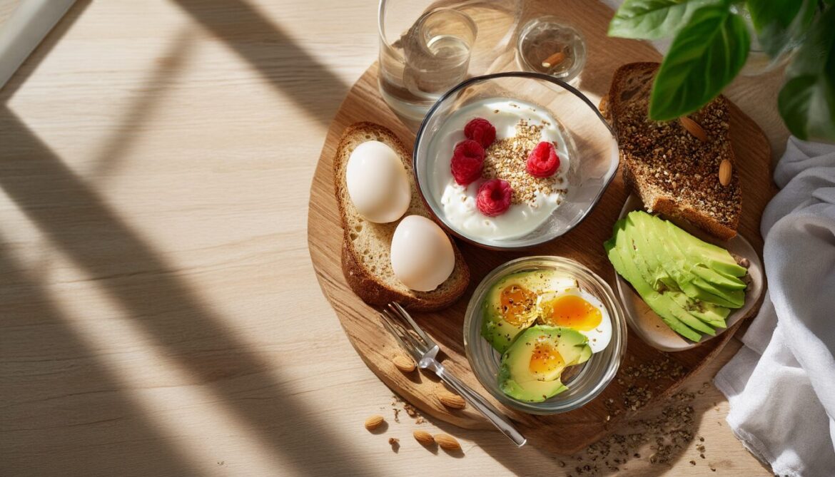 Ausgewogenes Frühstück von oben: Quark mit Beeren und Haferflocken, Eier, Vollkornbrot mit Avocado, Mandeln und Chiasamen