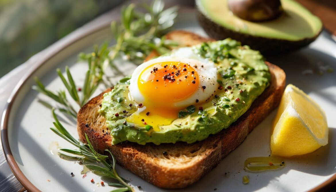 Avocado Toast mit pochiertem Ei, Chiliflocken und Olivenöl auf geröstetem Sauerteigbrot