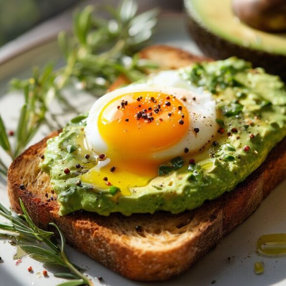 Avocado Toast mit Ei: cremig in 10 Minuten Avocado Toast mit pochiertem Ei, Chiliflocken und Olivenöl auf geröstetem Sauerteigbrot
