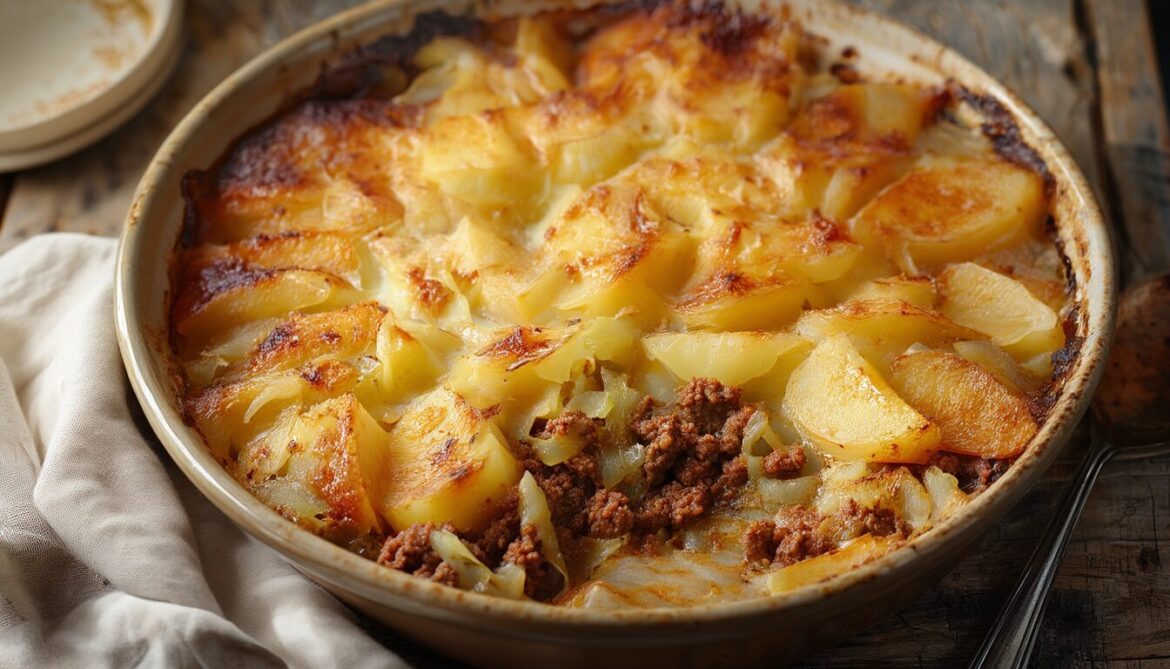 Badischer Rinder-Weißkraut-Kartoffel-Gratin mit goldener Käsekruste in einer Auflaufform, eine Portion entnommen
