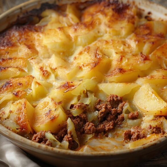 Badischer Rinder-Weißkraut-Kartoffel-Gratin Badischer Rinder-Weißkraut-Kartoffel-Gratin mit goldener Käsekruste in einer Auflaufform, eine Portion entnommen