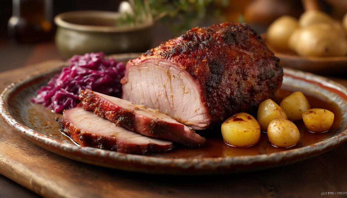 Aufgeschnittener badischer Schweinebraten mit Kruste, Apfel-Rotkohl und Kartoffeln auf einem Teller