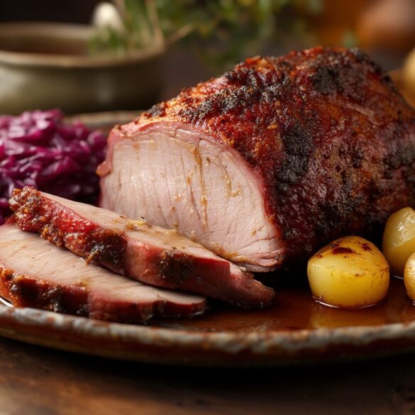 Badischer Schweinebraten mit Kartoffeln und Rotkohl Aufgeschnittener badischer Schweinebraten mit Kruste, Apfel-Rotkohl und Kartoffeln auf einem Teller