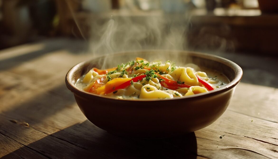 Cremiger Ziegenkäse-Spätzle-Eintopf mit Paprika und Petersilie in einer rustikalen Schale
