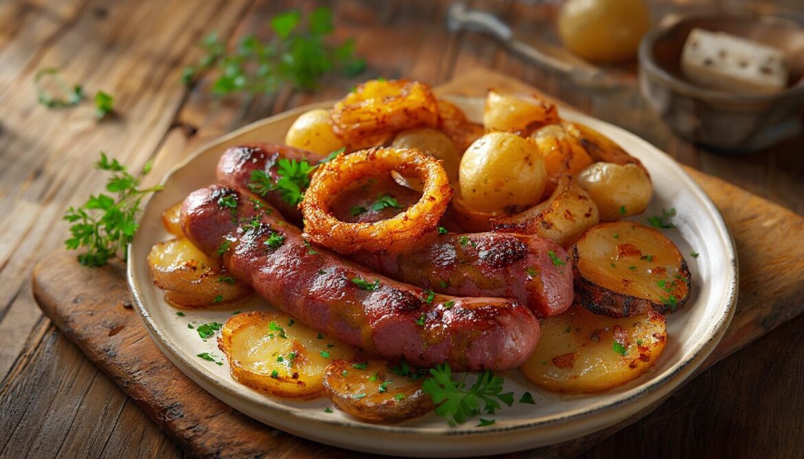 Knusprig gebratener bayerischer Leberkäse mit goldenen Zwiebeln und Bratkartoffeln auf einem rustikalen Teller