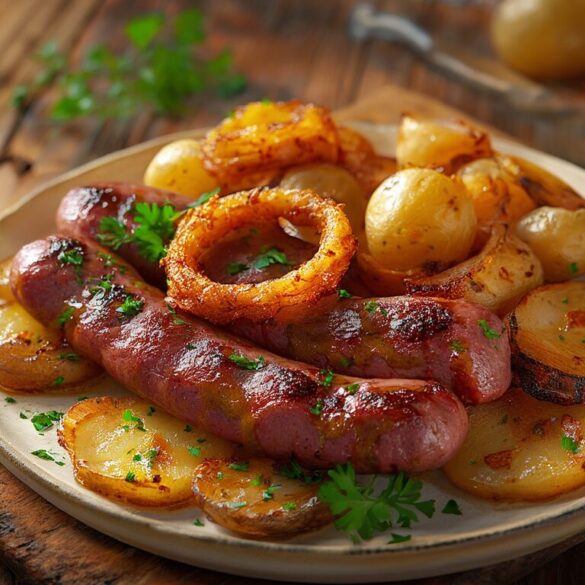 Bayerischer Leberkäse mit Zwiebeln und Kartoffeln Knusprig gebratener bayerischer Leberkäse mit goldenen Zwiebeln und Bratkartoffeln auf einem rustikalen Teller