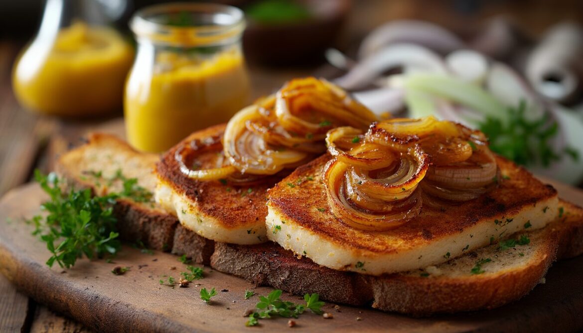 Kross gebratener bayerischer Leberkäse mit karamellisierten Zwiebeln und Senf auf getoastetem Schwarzbrot
