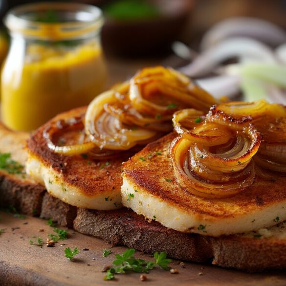 Bayerischer Leberkäse mit Zwiebeln und Senf Kross gebratener bayerischer Leberkäse mit karamellisierten Zwiebeln und Senf auf getoastetem Schwarzbrot