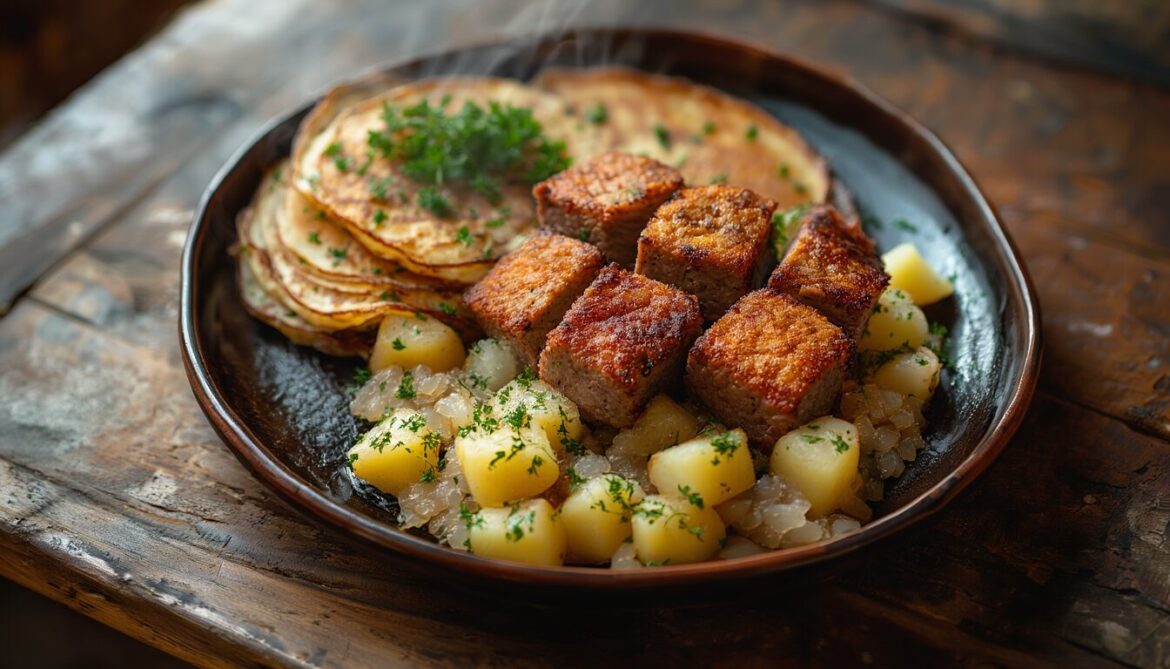 Knusprig gebratene Leberkäse-Würfel auf Pfannkuchen mit Sauerkraut und Kartoffeln, bestreut mit Petersilie