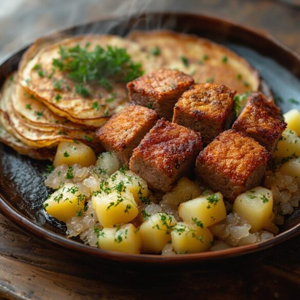 Bayerischer Leberkäse-Pfannkuchen-Braten mit Sauerkraut Knusprig gebratene Leberkäse-Würfel auf Pfannkuchen mit Sauerkraut und Kartoffeln, bestreut mit Petersilie