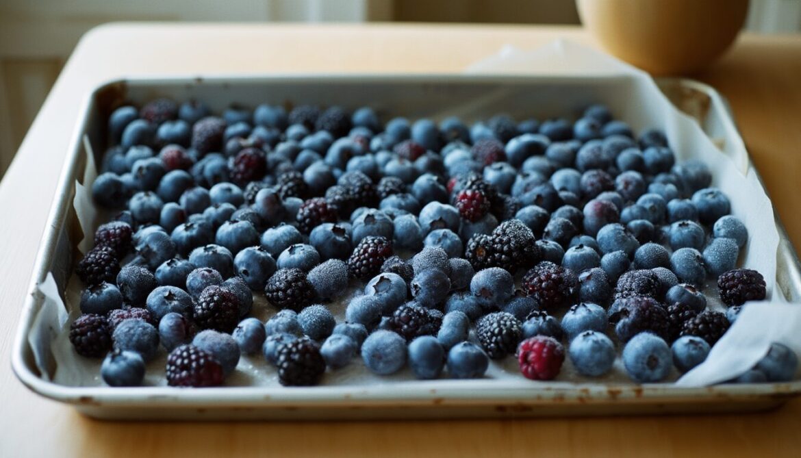 Blaubeeren und Brombeeren einzeln auf einem mit Backpapier belegten Blech zum Vorfrieren ausgebreitet