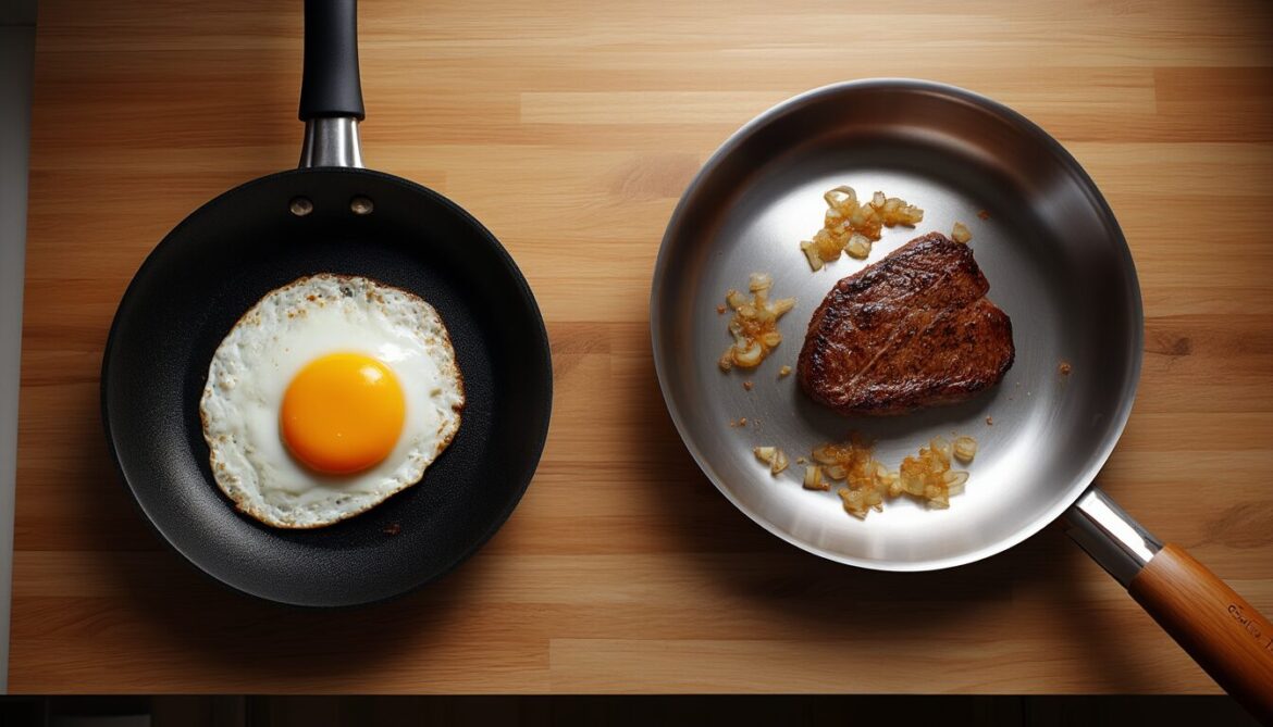 Beschichtete Pfanne mit Spiegelei neben Edelstahlpfanne mit angebratenem Steak auf Holztisch