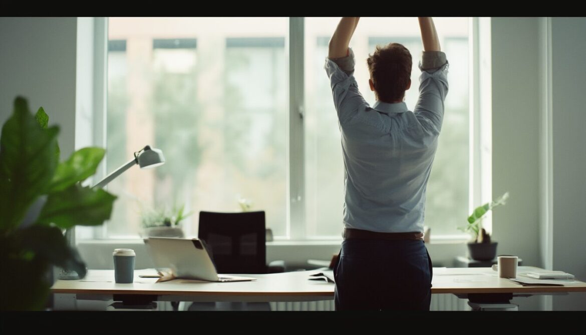 Person macht im hellen Büro am Stehschreibtisch eine kurze Dehnübung als Bewegungspause