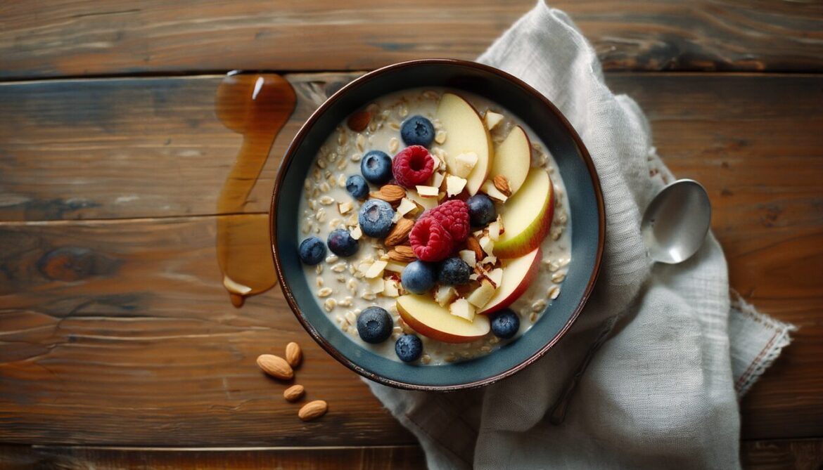 Schale Bircher Müsli mit Joghurt, geraspeltem Apfel, frischen Beeren und Nüssen auf einem Holztisch