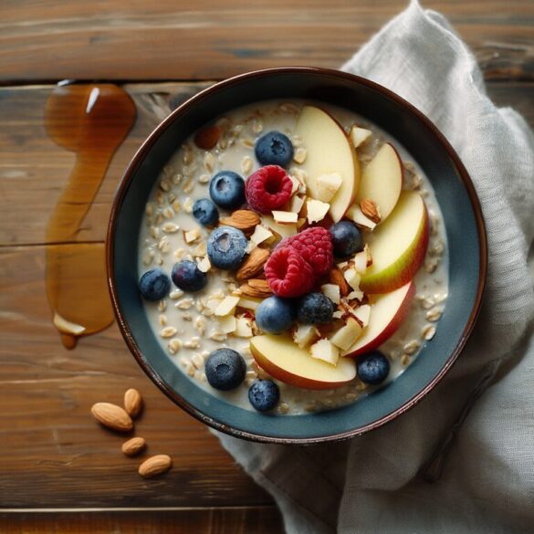 Bircher Müsli: Original-Rezept einfach selber machen Schale Bircher Müsli mit Joghurt, geraspeltem Apfel, frischen Beeren und Nüssen auf einem Holztisch