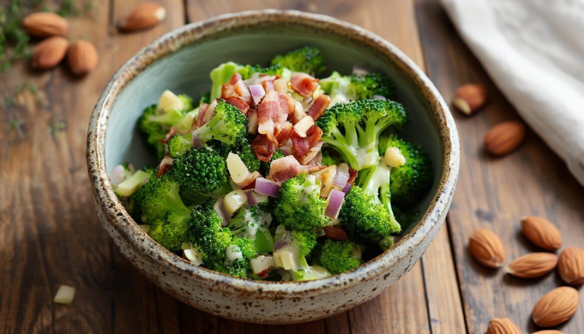 Schüssel mit Brokkolisalat low carb mit knusprigem Speck, gerösteten Mandeln und roter Zwiebel