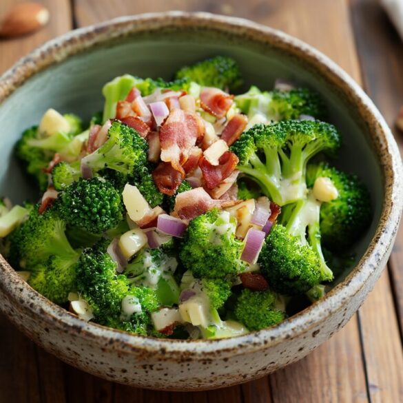 Schüssel mit Brokkolisalat low carb mit knusprigem Speck, gerösteten Mandeln und roter Zwiebel