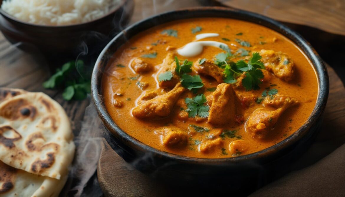 Cremiges indisches Butter Chicken in dunkler Schale mit Koriander, dazu Basmatireis und Naan
