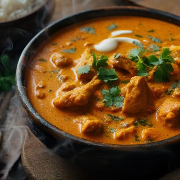 Butter Chicken: cremiges Originalrezept aus Indien Cremiges indisches Butter Chicken in dunkler Schale mit Koriander, dazu Basmatireis und Naan