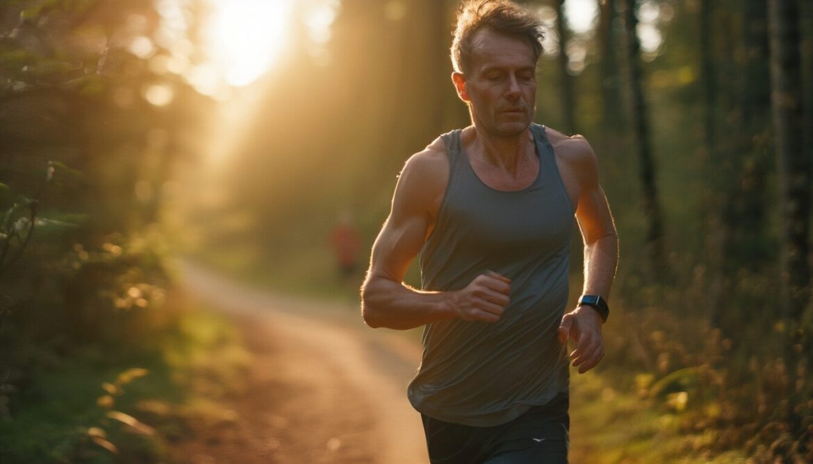 Läuferin auf einem Waldweg im Morgenlicht prüft ihre Herzfrequenz auf der Sportuhr