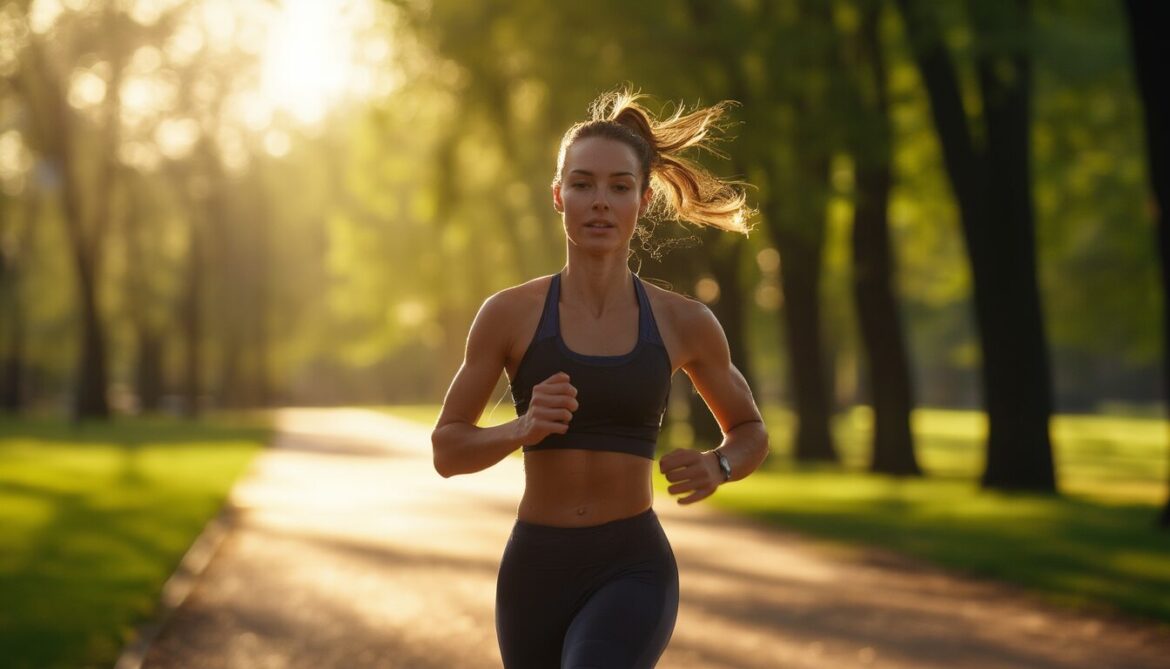 Frau joggt am frühen Morgen auf einem Park-Weg als Beispiel für ein effektives Cardio-Workout