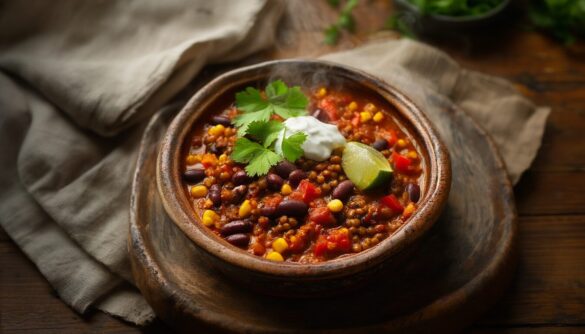 Veganes Chili sin Carne mit Kidneybohnen, schwarzen Bohnen, Mais und Koriander in einer rustikalen Schüssel