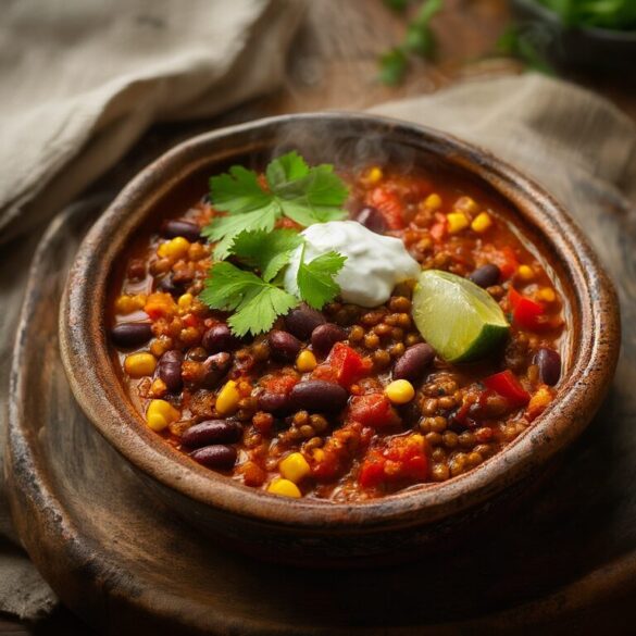 Veganes Chili sin Carne mit Kidneybohnen, schwarzen Bohnen, Mais und Koriander in einer rustikalen Schüssel