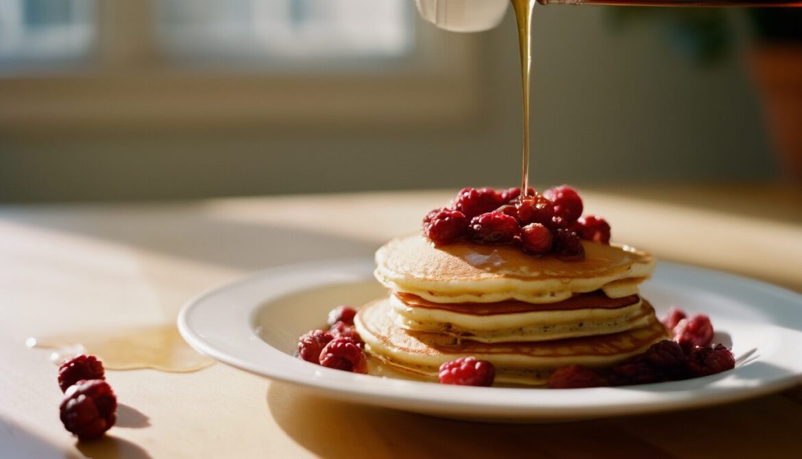 Stapel fluffiger Cranberry Pfannkuchen mit Ahornsirup und frischen Cranberries auf einem weißen Teller
