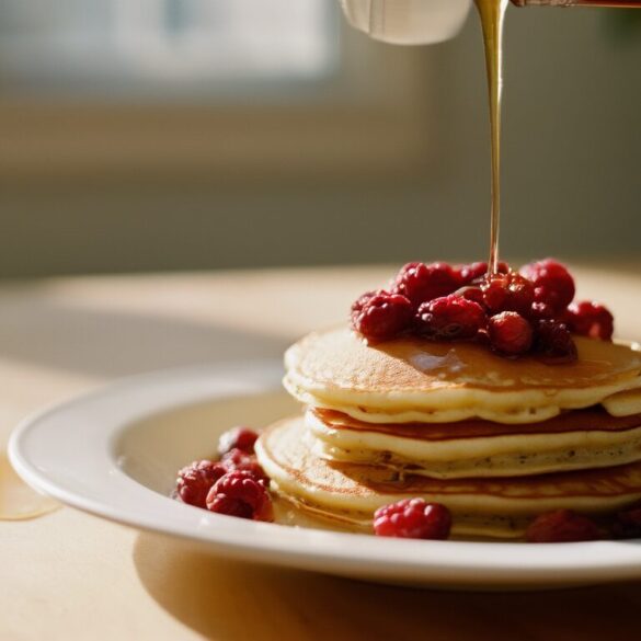 Cranberry Pfannkuchen: fluffiges Rezept in 20 Minuten Stapel fluffiger Cranberry Pfannkuchen mit Ahornsirup und frischen Cranberries auf einem weißen Teller