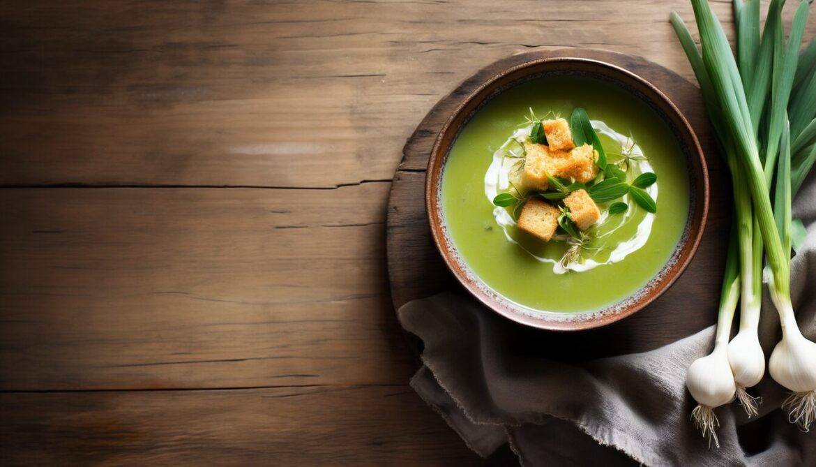 Schüssel cremige grüne Bärlauchsuppe mit Sahnespirale, Croutons und frischen Bärlauchblättern auf einem rustikalen Holztisch