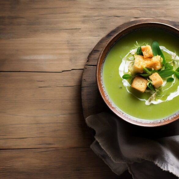 Cremige Bärlauchsuppe: einfaches Rezept in 30 Minuten Schüssel cremige grüne Bärlauchsuppe mit Sahnespirale, Croutons und frischen Bärlauchblättern auf einem rustikalen Holztisch