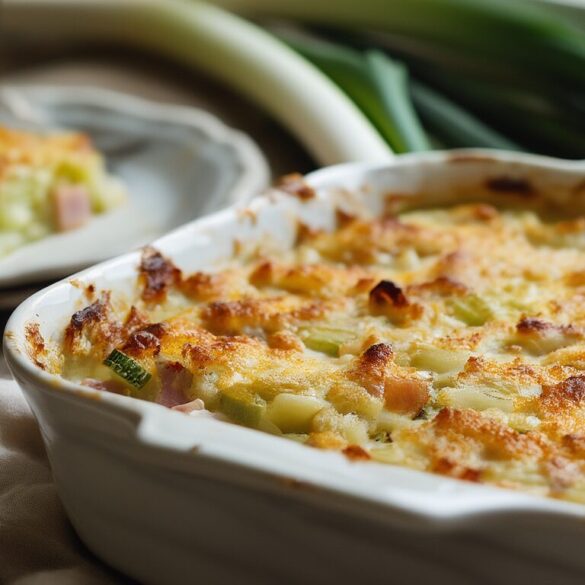 Cremiger Kohlrabi-Auflauf mit Schinken und Senfkruste Goldbraun überbackener Kohlrabi-Lauch-Auflauf mit Schinken und Senfkruste in einer weißen Auflaufform