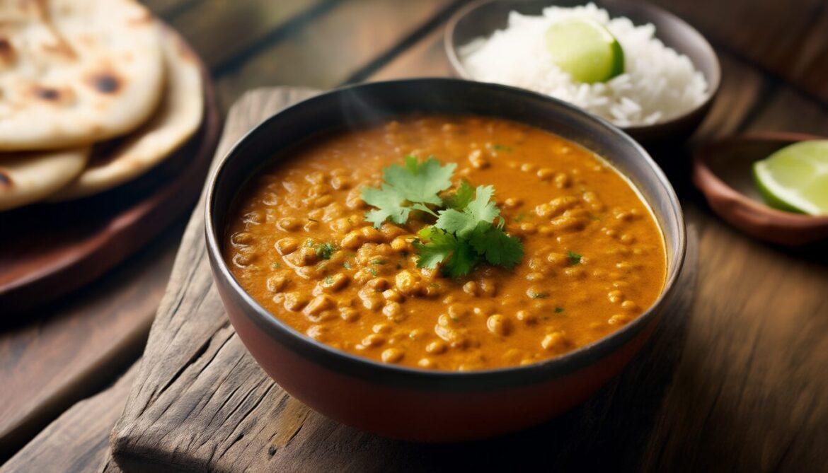 Schüssel cremiges rotes Linsen-Dal mit frischem Koriander, Limette, Reis und Naan auf einem Holztisch