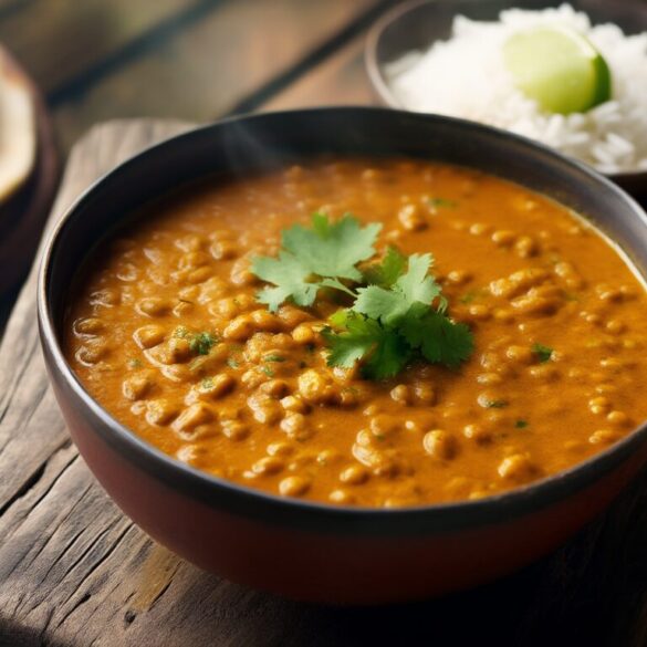 Schüssel cremiges rotes Linsen-Dal mit frischem Koriander, Limette, Reis und Naan auf einem Holztisch