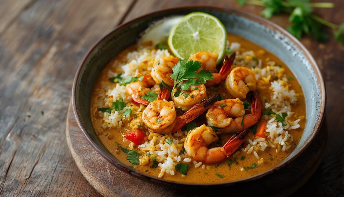 Curryreis mit Scampis auf Basmati-Reis mit cremiger Kokos-Curry-Sauce und Koriander angerichtet