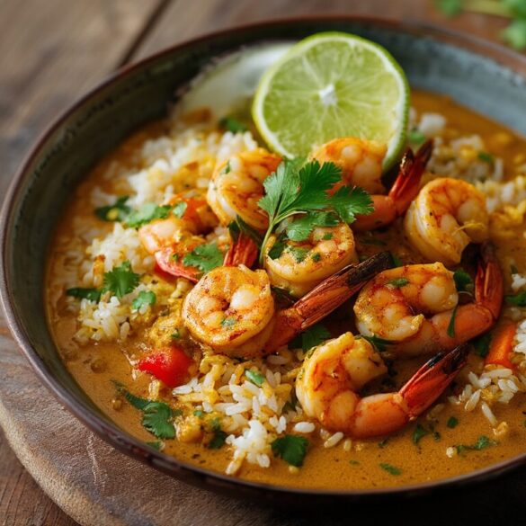 Curryreis mit Scampis: cremiges Rezept in 30 Minuten Curryreis mit Scampis auf Basmati-Reis mit cremiger Kokos-Curry-Sauce und Koriander angerichtet