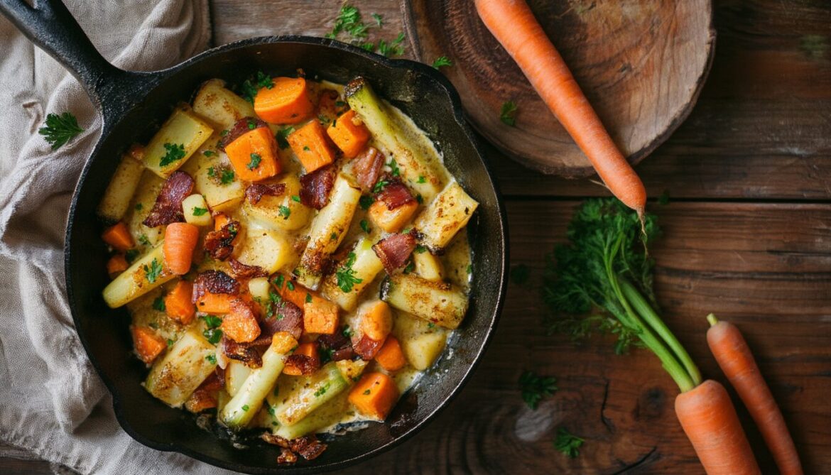 Deftige Kohlrabi-Möhren-Pfanne mit knusprigem Speck und cremiger Senfsoße in einer gusseisernen Pfanne