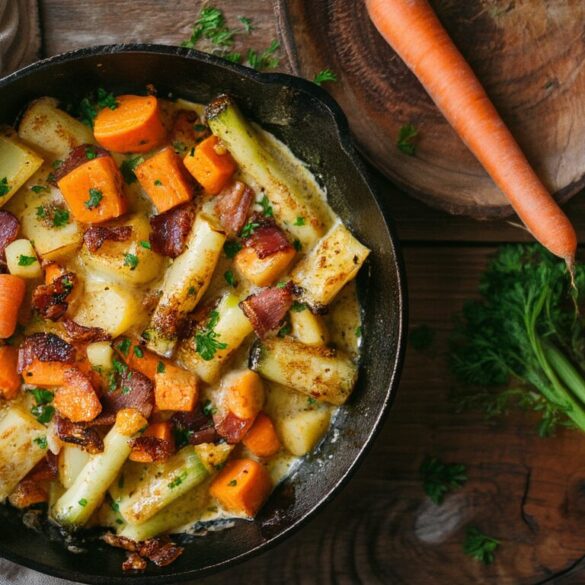 Deftige Kohlrabi-Möhren-Pfanne mit Speck und Senfsoße Deftige Kohlrabi-Möhren-Pfanne mit knusprigem Speck und cremiger Senfsoße in einer gusseisernen Pfanne
