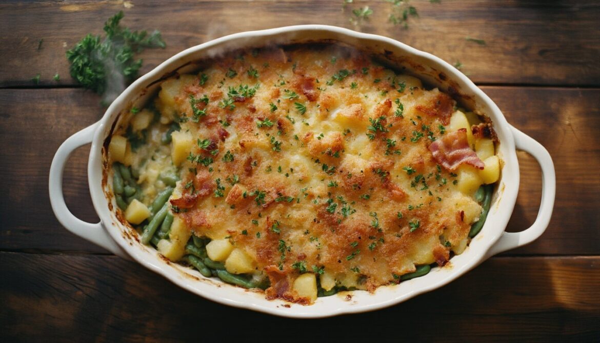 Goldgebackener Kartoffel-Bohnen-Auflauf mit Speck und geschmolzenem Emmentaler in einer Auflaufform, bestreut mit frischer Petersilie